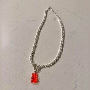 Treats Gummy Bear Pave Crystals Clear Hot Pink Bear & Silver Choker Necklace